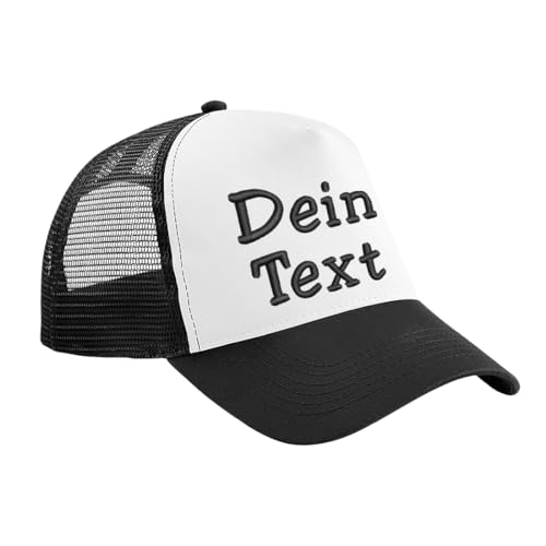 Nashville print factory Trucker Snapback Cap Bestickt mit Wunschtext Name Stickerei Wunschstickerei Mütze Basecap (Black/White) von Nashville print factory