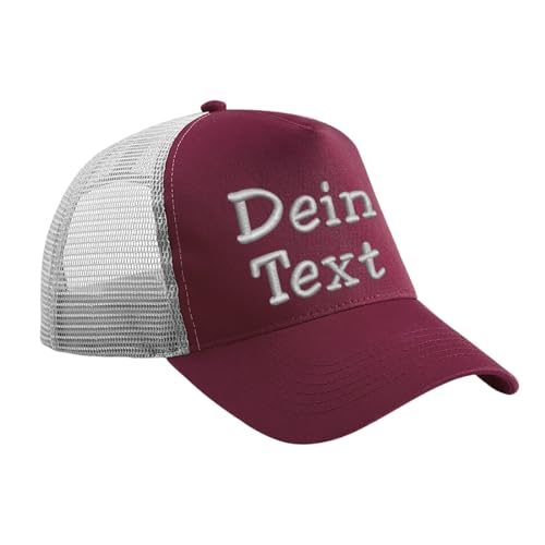 Nashville print factory Trucker Snapback Cap Bestickt mit Wunschtext Name Stickerei Wunschstickerei Mütze Basecap (Burgundy/Light Grey) von Nashville print factory