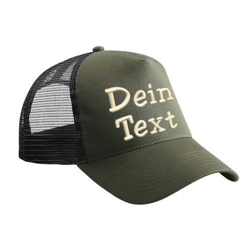 Nashville print factory Trucker Snapback Cap Bestickt mit Wunschtext Name Stickerei Wunschstickerei Mütze Basecap (Olive Green/Black) von Nashville print factory