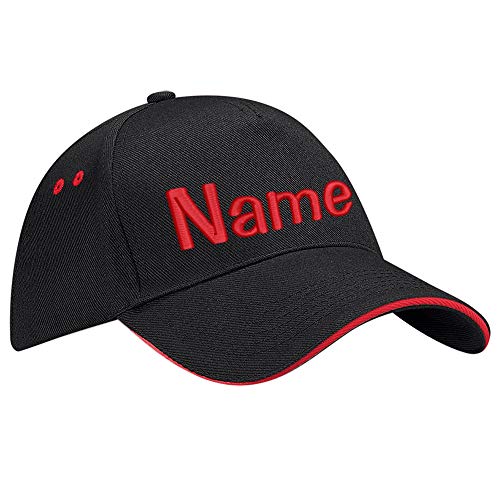 Nashville print factory Ultimate 5-Panel Cap Sandwich Peak Bestickt mit Name/Text Mütze Cappy Basecap (Black/Classic Red) von Nashville print factory