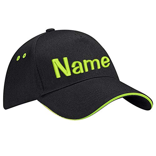 Nashville print factory Ultimate 5-Panel Cap Sandwich Peak Bestickt mit Name/Text Mütze Cappy Basecap (Black/Lime Green) von Nashville print factory