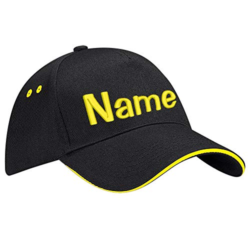 Nashville print factory Ultimate 5-Panel Cap Sandwich Peak Bestickt mit Name/Text Mütze Cappy Basecap (Black/Yellow) von Nashville print factory