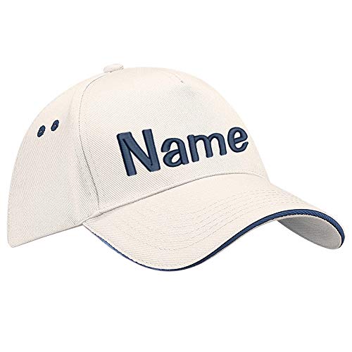 Nashville print factory Ultimate 5-Panel Cap Sandwich Peak Bestickt mit Name/Text Mütze Cappy Basecap (Putty/French Navy) von Nashville print factory