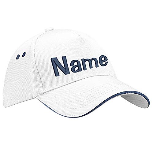 Nashville print factory Ultimate 5-Panel Cap Sandwich Peak Bestickt mit Name/Text Mütze Cappy Basecap (White/French Navy) von Nashville print factory