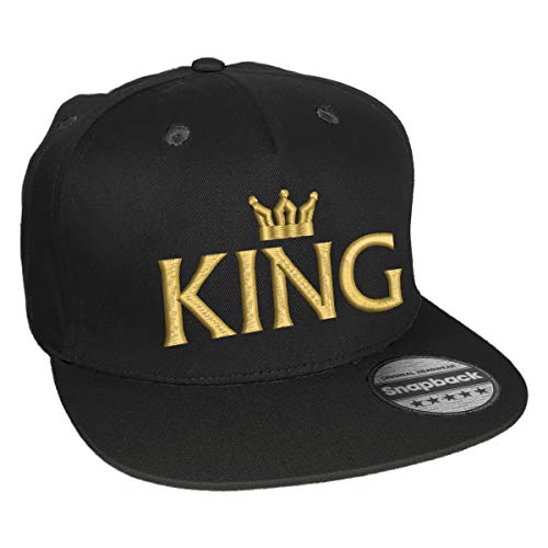Snapback Basecap Bestickt mit Motiv Krone | King & Queen in Goldener Schrift Stickerei Partner-Cap für Sie & Ihn (King) von Nashville print factory