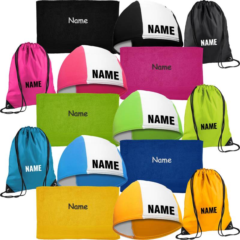Fashy Set Kinder-Badekappe Mit Namen Bedruckt + Turnbeutel Handtuch Badehaube Schwimmhaube Kinder von Nashvilleprint