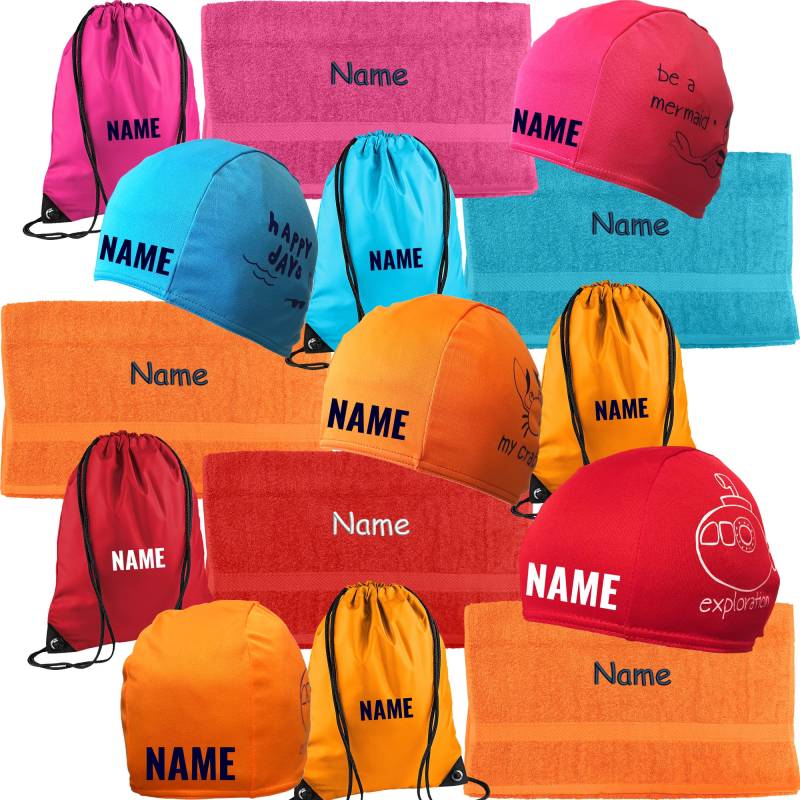Fashy Set Kinder-Badekappe Mit Namen Bedruckt + Turnbeutel Handtuch Badehaube Schwimmhaube Kinder von Nashvilleprint