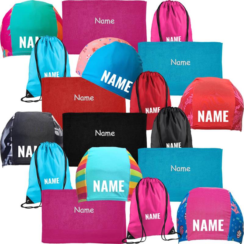 Schwimmset Original Fashy Multicolor Badekappe, Handtuch, Turnbeutel Mit Namen Beschriftet von Nashvilleprint