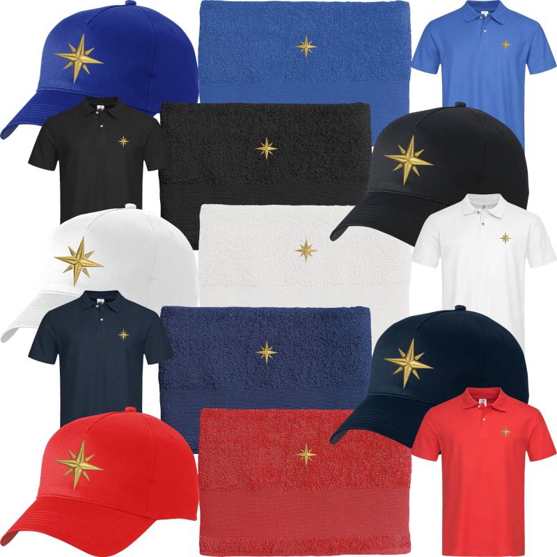 Set Polo-Shirt + Duschtuch Basecap Bestickt Mit Maritimem Motiv Kompassrose von Nashvilleprint