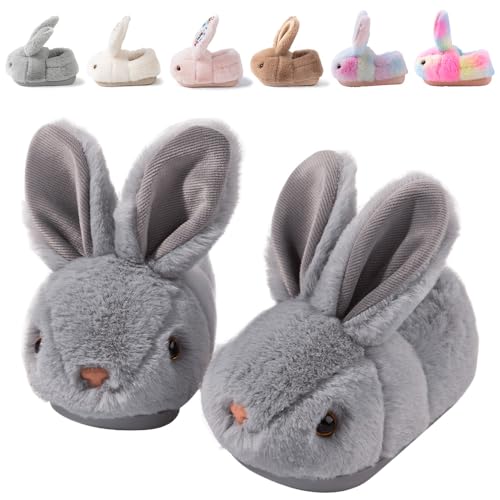 Nasogetch Kinder Hausschuhe für Mädchen & Jungen, Winter Plüsch Pantoffeln Warm und Kuschelig mit Süßen Tiermotiven Häschen Geschlossene 1678 Grau 34 220mm 29/30EU von Nasogetch