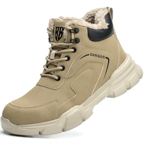 Nasogetch Sicherheitsschuhe Herren Sicherheitsstiefel Damen Winter Wasserabweisend Arbeitsschuhe Leicht Komfort mit Stahlkappe 9193 Khaki Warm Gefüttert 44 EU von Nasogetch
