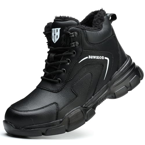 Nasogetch Sicherheitsschuhe Herren Sicherheitsstiefel Damen Winter Wasserabweisend Arbeitsschuhe Leicht Komfort mit Stahlkappe 9193 Schwarz Warm Gefüttert 46 EU von Nasogetch