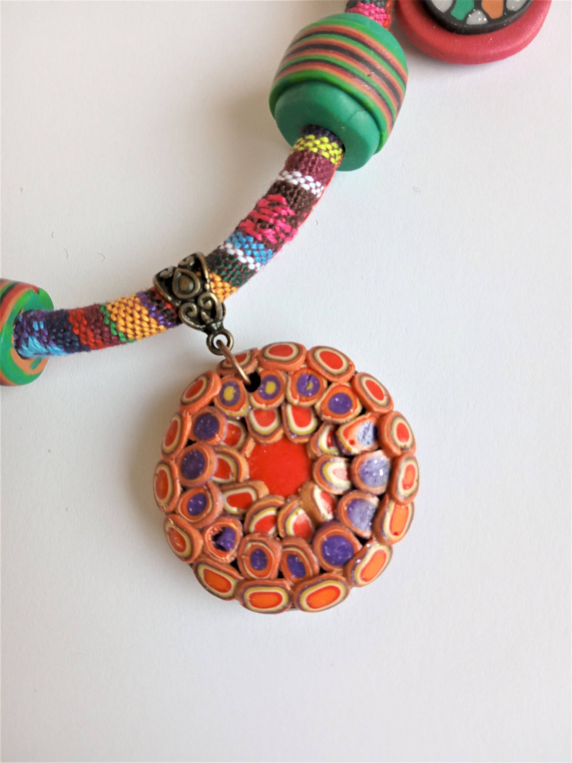 Boho Stoffkette Handgemachte Polymer Clay Anhänger, Ethno Schmuck Boho Stoffkette Handgemachte Polymer Clay Anhänger, Ethno Schmuck von NataCraftStudio