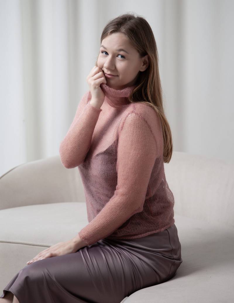 Rollkragen Mohair Seide Pullover, Handstricken Frauen Dressy Leichte Weiche Rollkragen, Enge Passform Schwarz Pullover von BeWannaMore