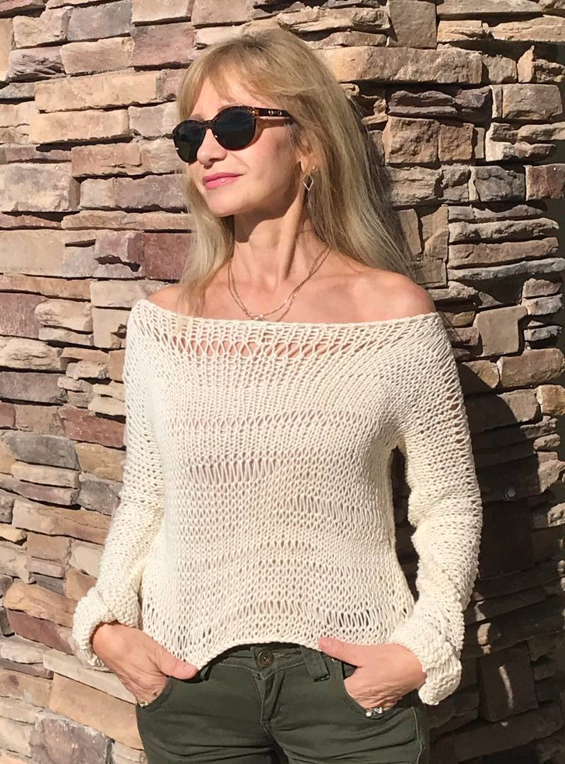 Off White Lockere Pullover Hand Gestrickte Baumwolle von NataliFashionStudio