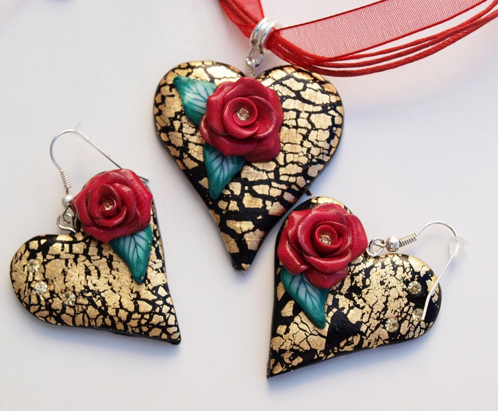 Halsband Mit Anhänger Aus Fimo Rose Blumen Polymer Clay Blumenschmuck Ohrhänger Set Ostergeschenk Muttertag Geschenk von NataliZimm