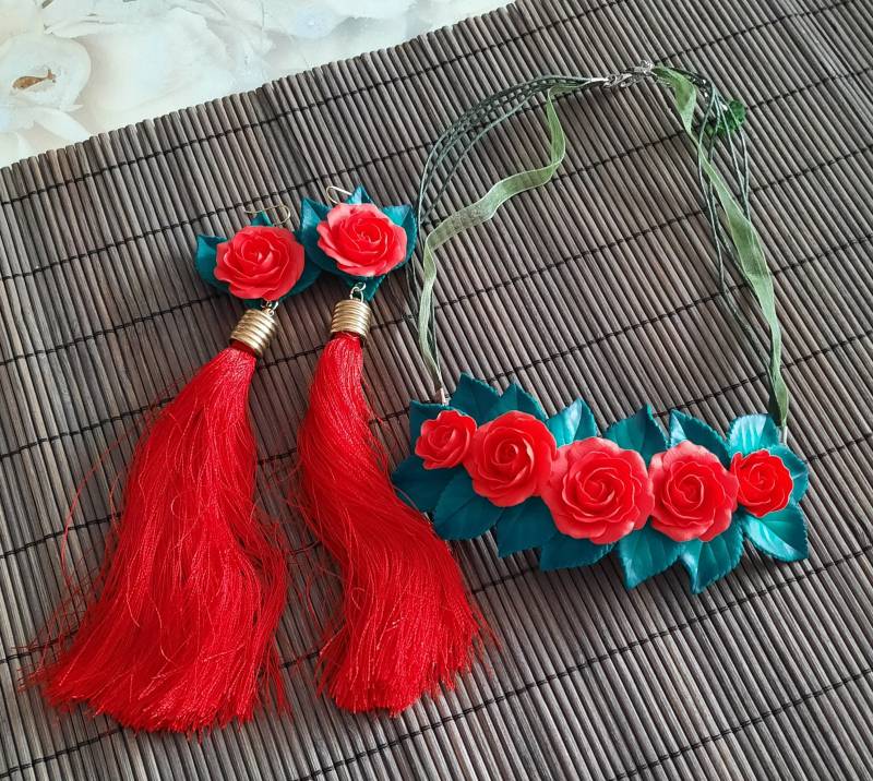 Halskette Aus Fimo Statement Kette Blumen-Set Blumenschmuck Geschenk Für Sie Ohrhänger Geburtstag Muttertag von NataliZimm