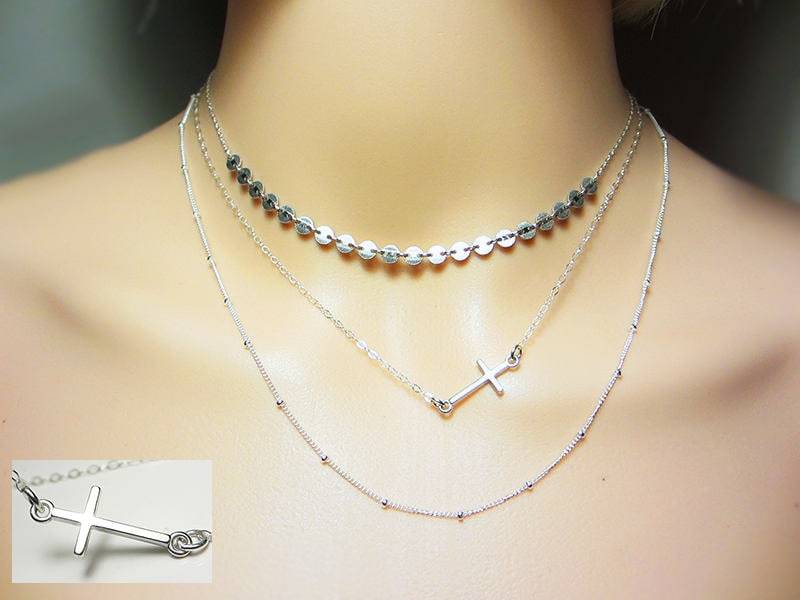 925 Sterling Silber Kreuz Kette Side Cross Halskette Layering Zarte Spiritueller Alltag Schmuck Off Geschenk von NataliaKh