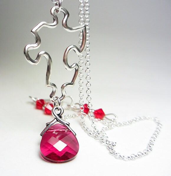 925 Sterling Silber Puzzle Halskette Stück Swarovski Crystal Rubinrot Du Bist Mein Fehlen Anhänger Geschenk von NataliaKh