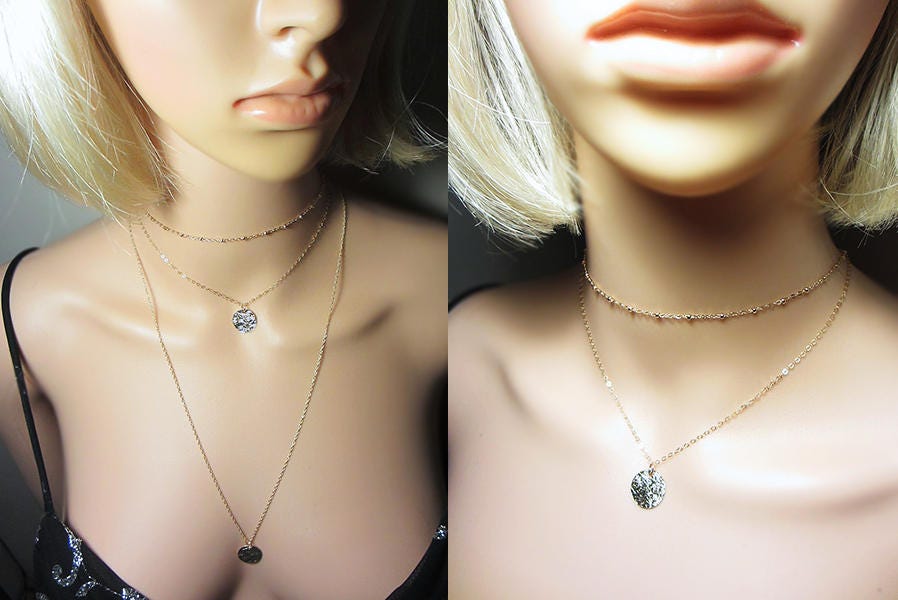 Gold Filled Große Gehämmerte Disc Layering Halskette Strukturiert Rund Punkt Anhänger Zarte Schmuck Kreis Münze Layered von NataliaKh