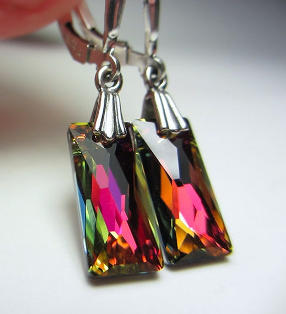 Ohrringe Swarovski Säule Regenbogen Rechteck Geschmolzene Lava Prisma Kristall Sterling Silber Geschenk von NataliaKh