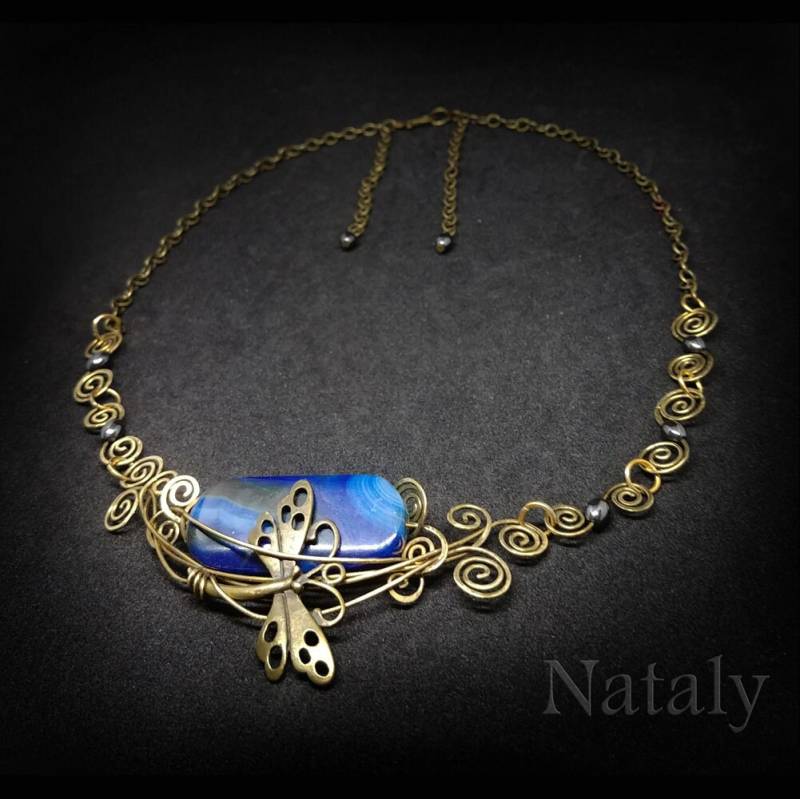 Libelle Halskette, Draht Gewickelt Blau Halskette Für Frauen, Statement Kettenhalskette, Achat Boho Bib Libelle Halskette, Draht Gewickelt Blau Halskette Für Frauen, Statement Kettenhalskette, Achat Boho Bib von NatalyDesign