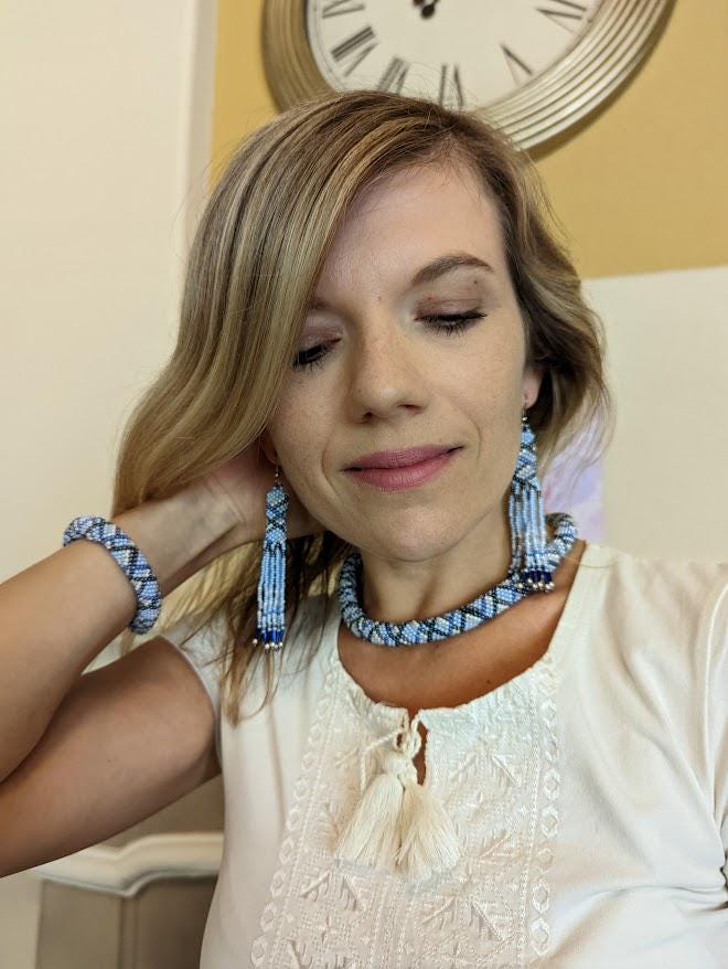 Handmade Perlen Schmuck Set, Blau Halskette, Armband, Ohrringe von NatalyHopeBoutique