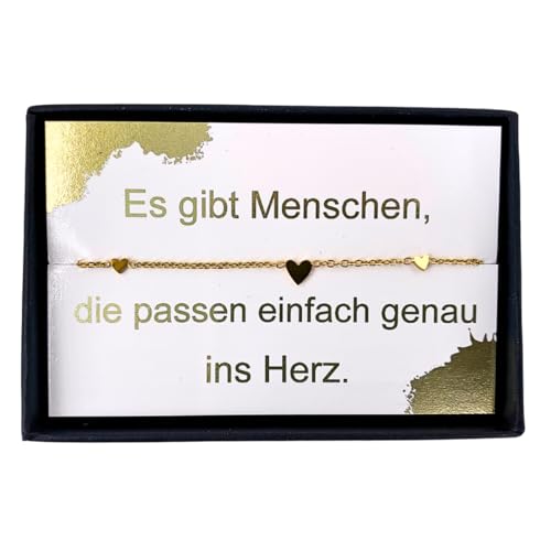 NataschaWoge® Herz Armband Damen Edelstahl 18K vergoldet – zierliches Armkettchen mit 3 kleinen Herzen – verstellbar 15–20 cm – Geschenk Freundin, Mama, Schwester mit Box & Spruchkarte von Natascha Woge
