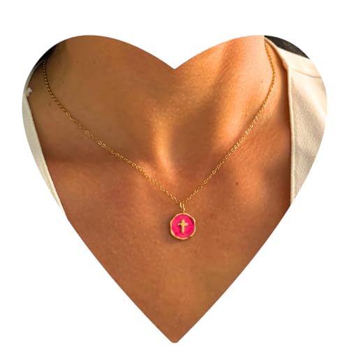 NataschaWoge® GOLD PINK Goldene Kreuzkette mit pinkem Emaille-Anhänger – Edelstahl Halskette Damen | Wasserfest & farbbeständig | Geschenk für sie | Spiritueller Schmuck Goldkette von Natascha Woge