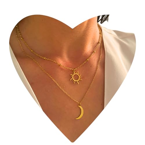 NataschaWoge® SONNE MOND minimalistischer Schmuck EDELSTAHL Gold Silber Kette Halskette + Anhänger Geschenk für Sie Hollow Sun Goldkette (Gold Halskette) von Natascha Woge