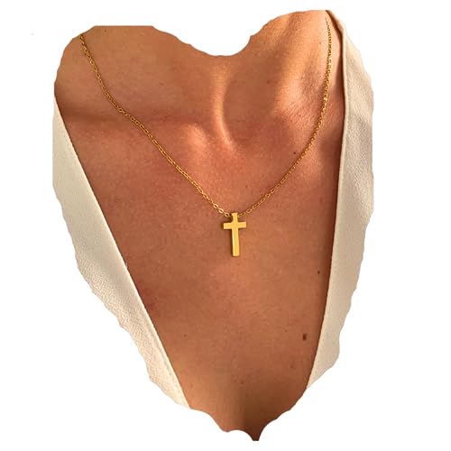 NataschaWoge® dezent Gold Silber Kreuz Kette Edelstahl Halskette + Anhänger Geschenk für Sie Damenschmuck spiritueller Schmuck Goldkette (Gold) von Natascha Woge