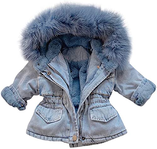 Baby Mädchen Jeans Fleecejacke Jeansjacke Kleinkind Kapuzenmantel Winter Denim süße Gefütterte Jacke mit Fell Winter Mantel mit Kunstfell Warm Outerwear（Blau, 104-110） von Natashas