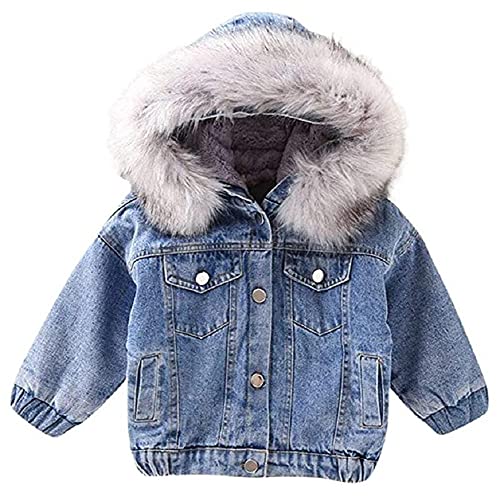 Baby Mädchen Jeans Fleecejacke Jeansjacke Kleinkind Kapuzenmantel Winter Denim süße Gefütterte Jacke mit Fell Winter Mantel mit Kunstfell Warm Outerwear（Blau, 122-128） von Natashas