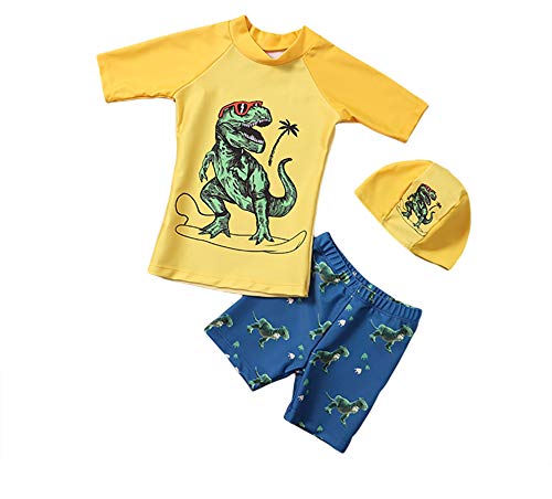 Kinder Junge Bademode Zweiteiliger Badeanzug UV-Schutz Bade-Set Kurzarm T-Shirt Badeshorts mit Badekappe (Dinosaurier, L) von Natashas