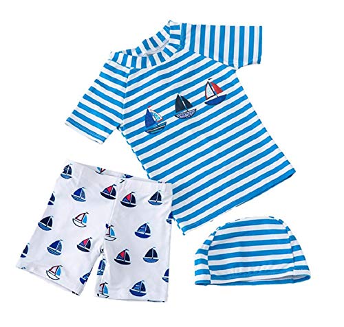 Kinder Junge Bademode Zweiteiliger Badeanzug UV-Schutz Bade-Set Kurzarm T-Shirt Badeshorts mit Badekappe 2XL von Natashas