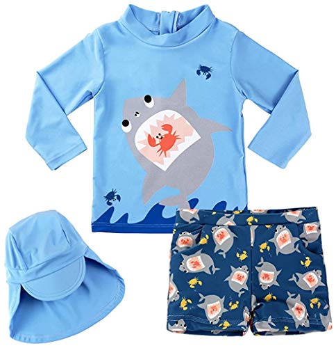 Kinder Junge Bademode Zweiteiliger Badeanzug UV-Schutz Bade-Set Langarm T-Shirt Badeshorts mit Badekappe 2XL von Natashas