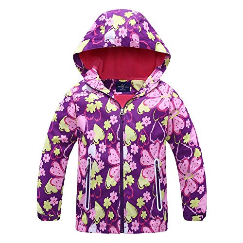 Kinder Mädchen Gefütterte Jacke mit Fleecefutter Tailliert Regenjacke Übergangsjacke Wasserdicht Winddicht Atmungsaktiv Softshelljacke Outdoorjacke Wanderjacke mit Kapuze (Lila, 146-152(XXL)) von Natashas