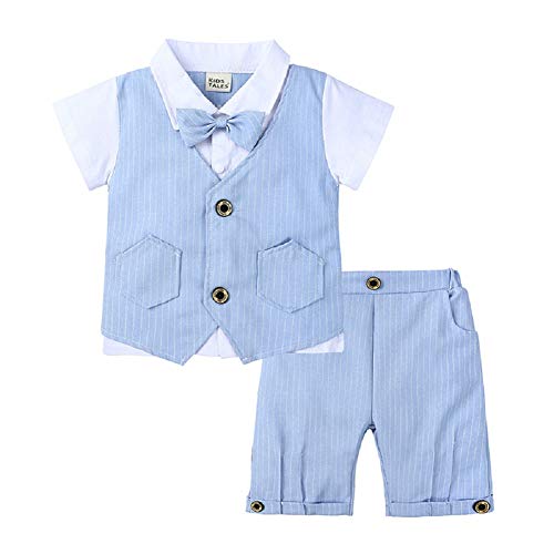 Natashas Baby Jungen Bekleidungssets Gentleman Anzug Kleinkinder Baumwolle Kurzarm Taufanzug Kinderbekleidung Hemd+Shorts+Bogen (Hellblau, 90) von Natashas