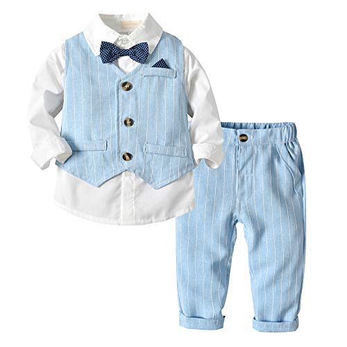 Natashas Baby Kleinkinder Jungen Bekleidungssets Gentleman Anzug Baumwolle Langarm Taufanzug Kinderbekleidung Hemd+Hose+Weste+Bogen (Hellblau, 6-12M) von Natashas