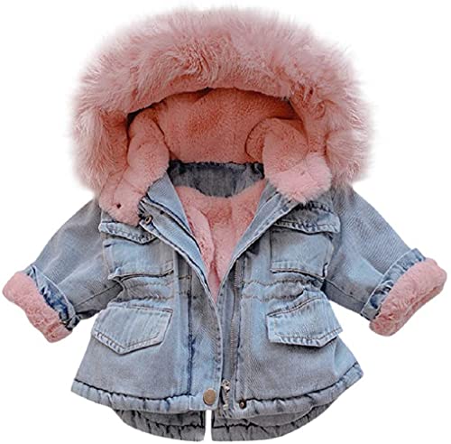 Natashas Baby Mädchen Jeans Fleecejacke Jeansjacke Kleinkind Kapuzenmantel Winter Denim süße Gefütterte Jacke mit Fell Winter Mantel mit Kunstfell Warm Outerwear（Rosa, 104-110） von Natashas