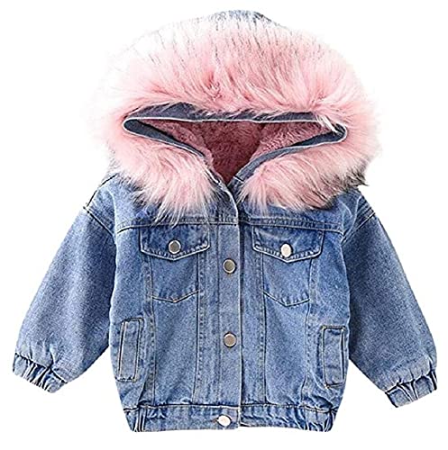 Natashas Baby Mädchen Jeans Fleecejacke Jeansjacke Kleinkind Kapuzenmantel Winter Denim süße Gefütterte Jacke mit Fell Winter Mantel mit Kunstfell Warm Outerwear（Rosa, 104-110） von Natashas