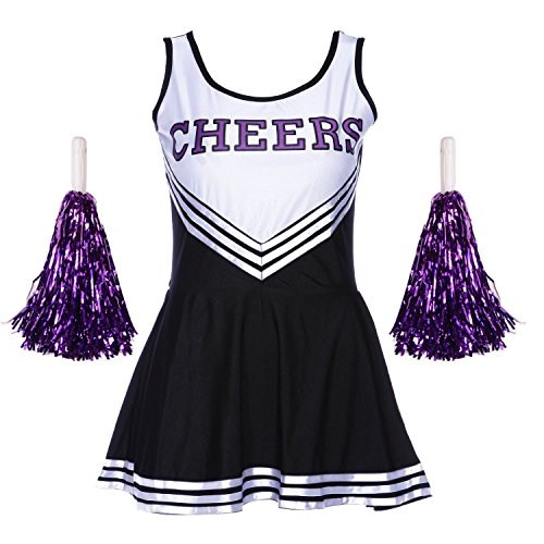 Natashas Damen Mädchen Cheerleader Kostüm Uniform Karneval Fasching Party Halloween Kostüm Kleid Minirock Cheerleading Bekleidung mit 2 Pompoms (Swcharz, S) von Natashas