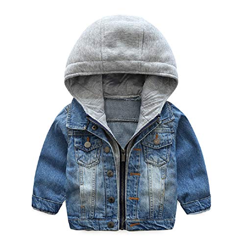 Natashas Jungen Jeansjacke Kinder Jeans Jacke Mantel Outdoorjacke mit Kapuze Langarm Blau Denim Tops Kleidung ReißVerschluss FrüHling Herbst Casual Outwear, 1-2 Jahre von Natashas