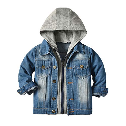 Natashas Kinder Jungen Jeansjacke Mit Reißverschluss Jean Mantel Mit Kapuze Denim Tops Kleidung Frühling Herbst Casual Outwear (Grau, 122-128) von Natashas