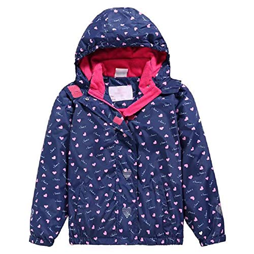 Natashas Kinder Mädchen Wasserdicht Jacke Gefütterte Regenjacke Übergangsjacke Wasserdicht Herz Druck Winddicht Atmungsaktiv Softshelljacke mit Kapuze (134/140) von Natashas