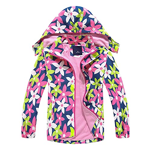 Natashas Kinder Mädchen Wasserdicht Jacke Übergangsjacke Fleecefütterung Warm Atmungsaktiv Winddicht Wanderjacke Outdoorjacke mit Kapuze (Blume, 146/152) von Natashas