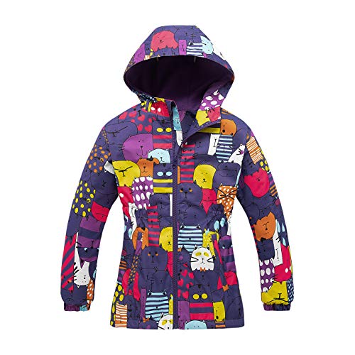 Natashas Kinder Mädchen Wasserdicht Jacke Übergangsjacke Fleecefütterung Warm Atmungsaktiv Winddicht Wanderjacke Outdoorjacke mit Kapuze (Lila Tier, 146/152) von Natashas