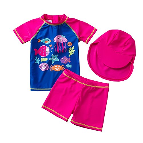 Natashas Mädchen Bademode Kinder Einteiler Badeanzug UV Schützend Schwimmanzug mit Sonnenhut Schnell Trocknend Rose Unterwasserwelt 3 teilig（Hut + Shorts + Tops） (24-36M) von Natashas