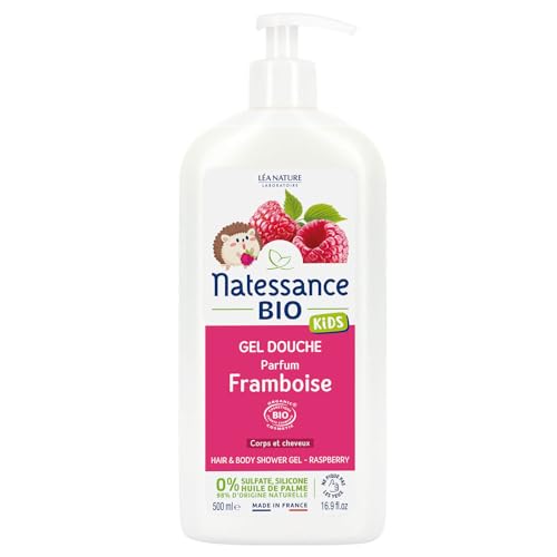 Natessance - Duschgel für Körper und Haare Kids – Himbeere – zertifiziert Bio Cosmos Organic – Flasche 100% pflanzlich – 500 ml von Natessance
