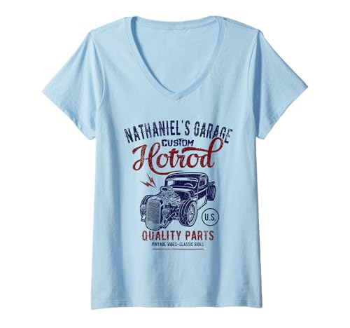 Damen Nathaniel's Hotrod Garage Oldtimer Nathaniel Design T-Shirt mit V-Ausschnitt von Nathaniel's Garage Designs for the Name Nathaniel